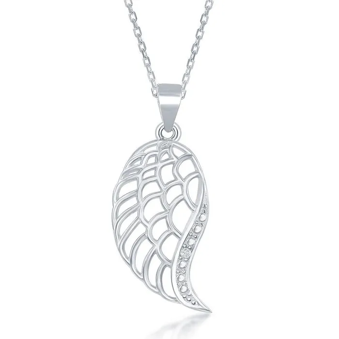 Sterling Silver Diamond Accent Angel Wing Pendant With Chain Classic Necklaces Sterling Silver Diamond Accent Angel Wing Pendant With Chain Classic Necklaces