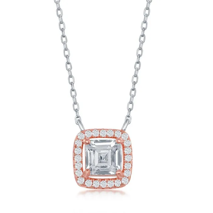 Sterling Silver Rose Gold Plated Double Square CZ Necklace Classic Necklaces Sterling Silver Rose Gold Plated Double Square CZ Necklace Classic Necklaces