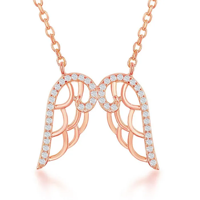 Sterling Silver Rose GP CZ Angel Wings Necklace Classic Necklaces