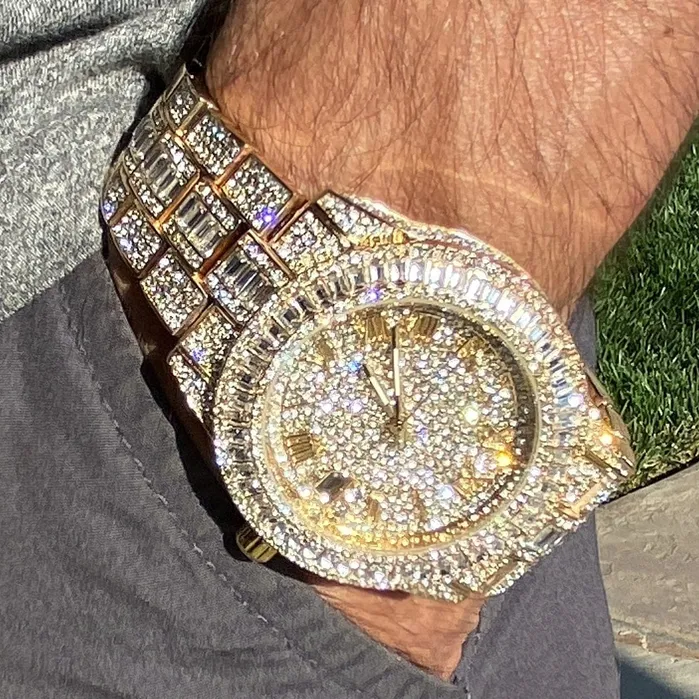 Watches Bling Cartel Mens Big Hip Hop Watch Iced Baguettes Calendar Gold Finish Watches Bling Cartel Mens Big Hip Hop Watch Iced Baguettes Calendar Gold Finish