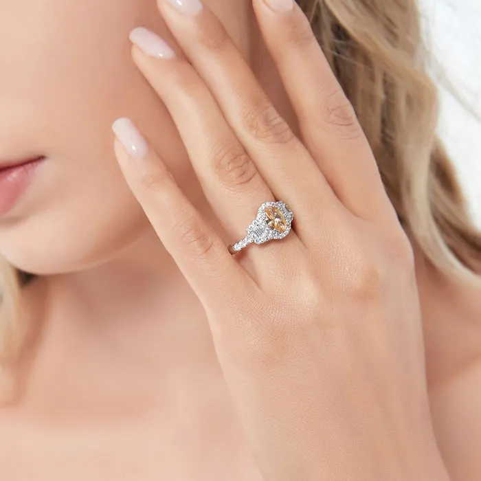 BERRICLE 3Stone Halo Yellow Oval CZ Ring in Sterling Silver 12ct Rings