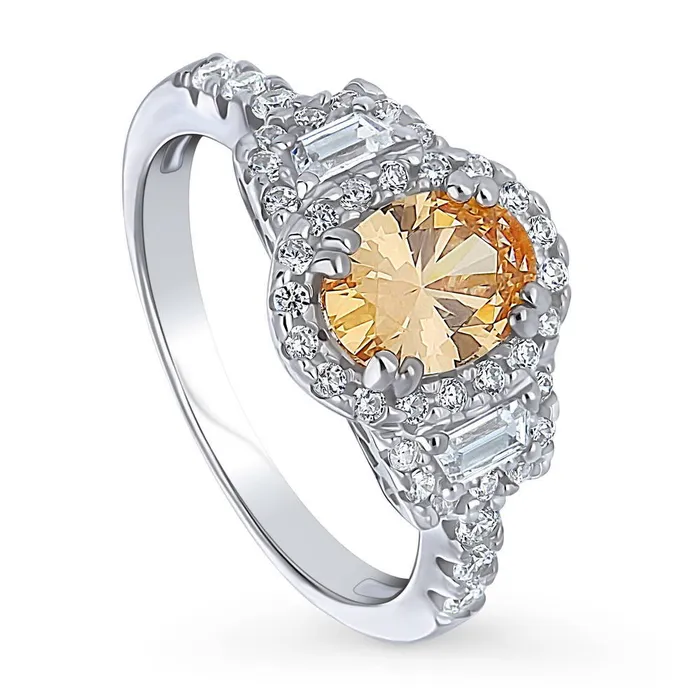 BERRICLE 3Stone Halo Yellow Oval CZ Ring in Sterling Silver 12ct Rings