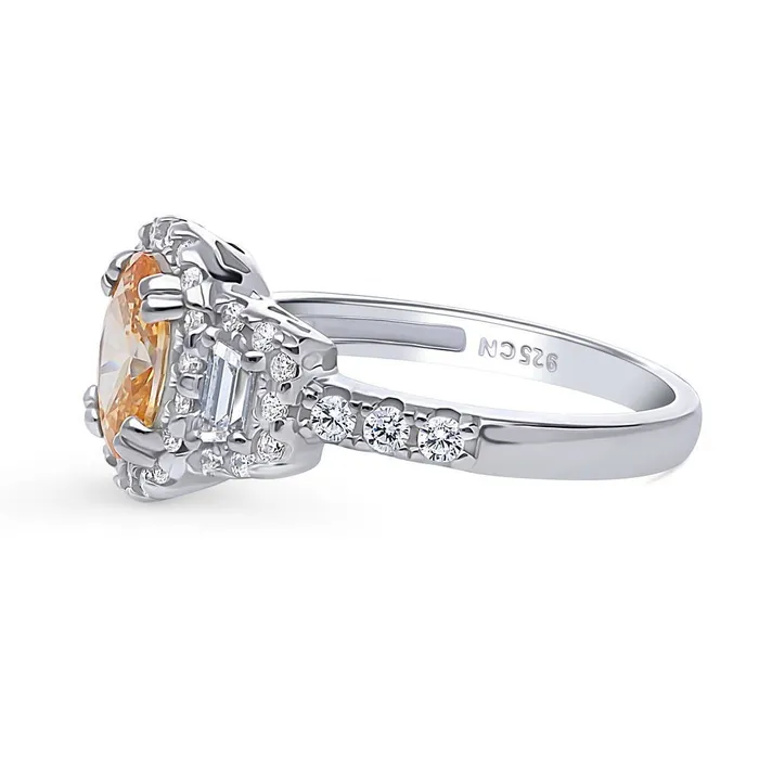 BERRICLE 3Stone Halo Yellow Oval CZ Ring in Sterling Silver 12ct Rings