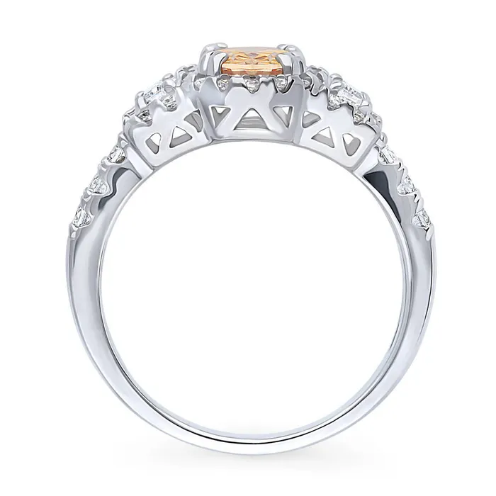 BERRICLE 3Stone Halo Yellow Oval CZ Ring in Sterling Silver 12ct Rings