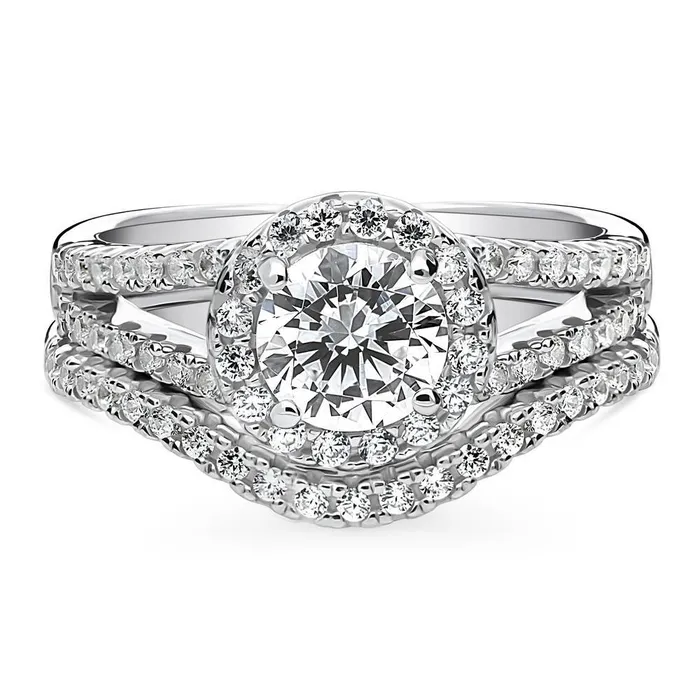 BERRICLE Rings Halo Wishbone CZ Split Shank Ring Set in Sterling Silver