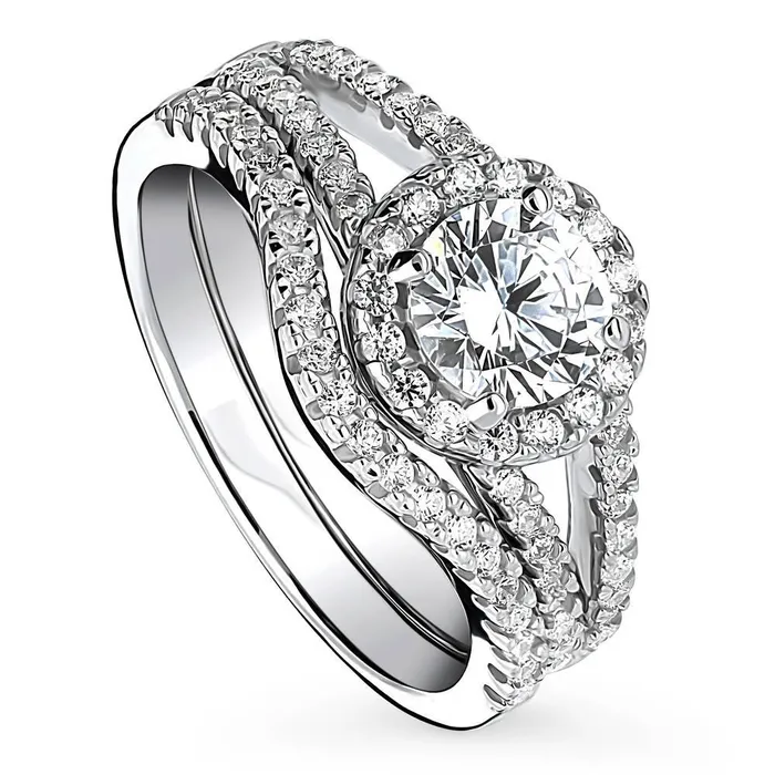 BERRICLE Rings Halo Wishbone CZ Split Shank Ring Set in Sterling Silver
