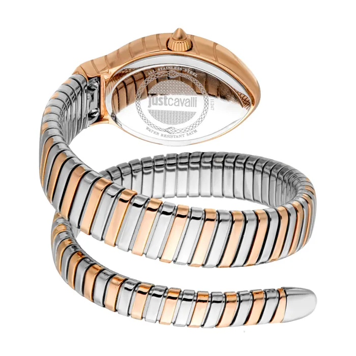 Bracelets Just Cavalli Snake Shape Womens Watch Rose Gold Color Case Dark Green Dial Two Tone Silver Rose Gold Color Bracelet Just Cavalli