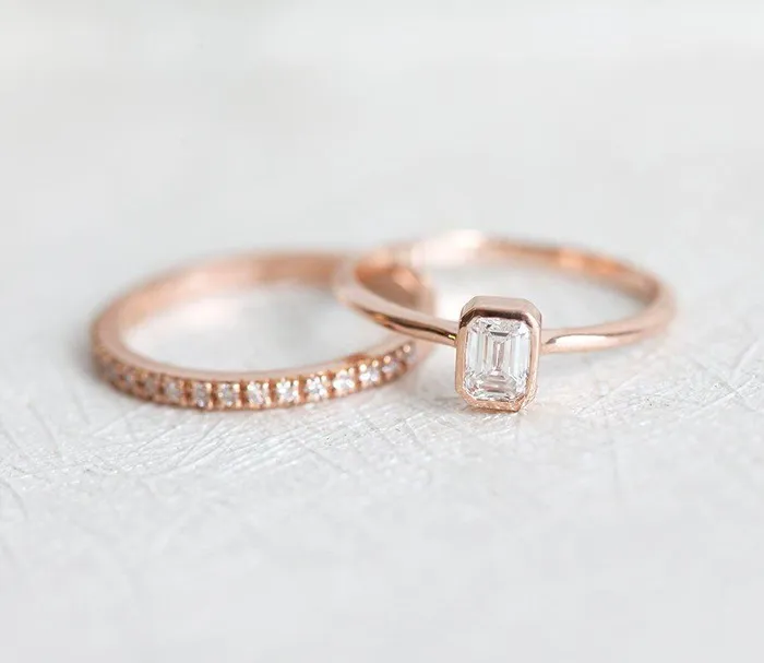 EmeraldCut Diamond Ring Set With Pave Diamond Eternity Band Capucinne Rings