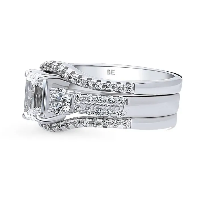Rings BERRICLE 3Stone 1ct Emerald Cut CZ Ring Set in Sterling Silver