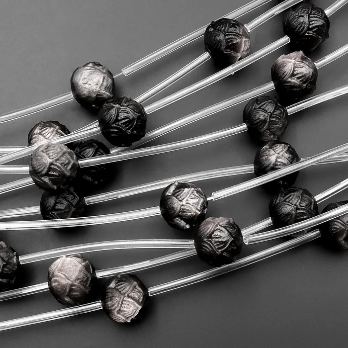 AAA Hand Carved 3D Natural Silver Obsidian Lotus Flower Gemstone Round Beads 12mm Intrinsic Trading Necklaces