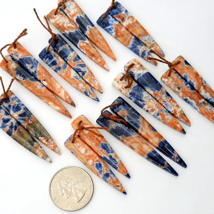 Earrings Intrinsic Trading Natural Orange Sodalite Earring Pair Dagger Cabochon Cab Drilled Matched Earrings Bead Pair Natural Vibrant Blue Orange Stone
