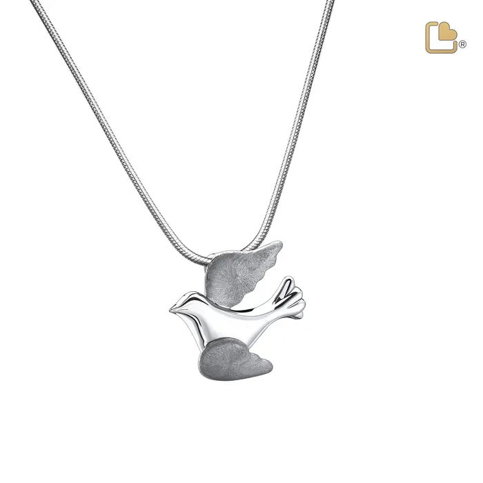 Flying Dove Two Tone Rhodium Plated Sterling Silver Cremation Pendant LoveUrns Treasure Rings