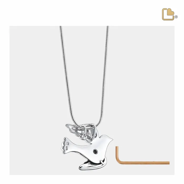 Flying Dove Two Tone Rhodium Plated Sterling Silver Cremation Pendant LoveUrns Treasure Rings