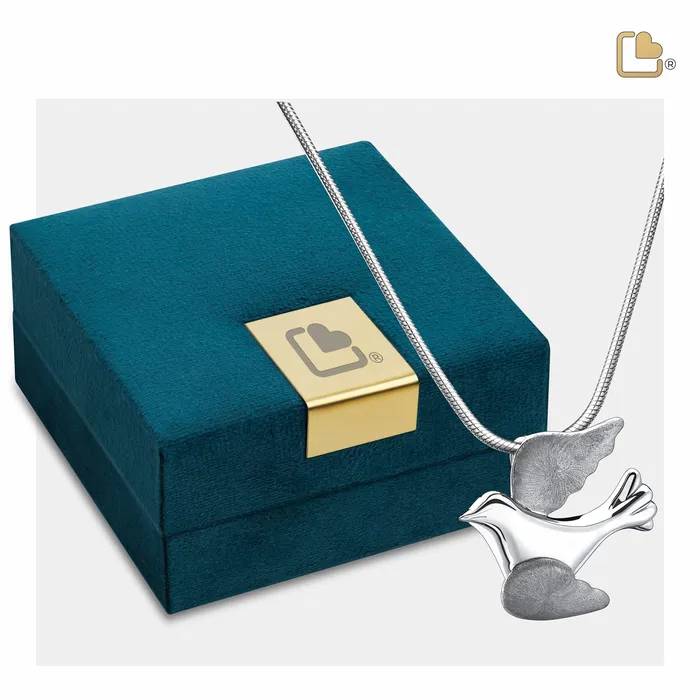 Flying Dove Two Tone Rhodium Plated Sterling Silver Cremation Pendant LoveUrns Treasure Rings