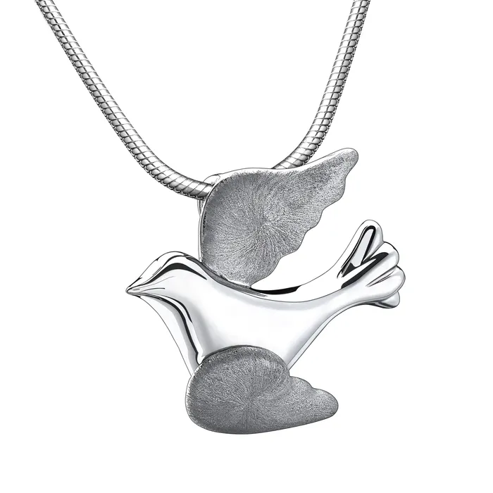 Flying Dove Two Tone Rhodium Plated Sterling Silver Cremation Pendant LoveUrns Treasure Rings