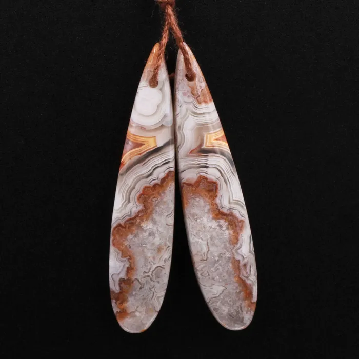 Intrinsic Trading Earrings Drilled Laguna Lace Agate Long Slender Teardrop Earring Matched Gemstone Cabochon Bead Pair