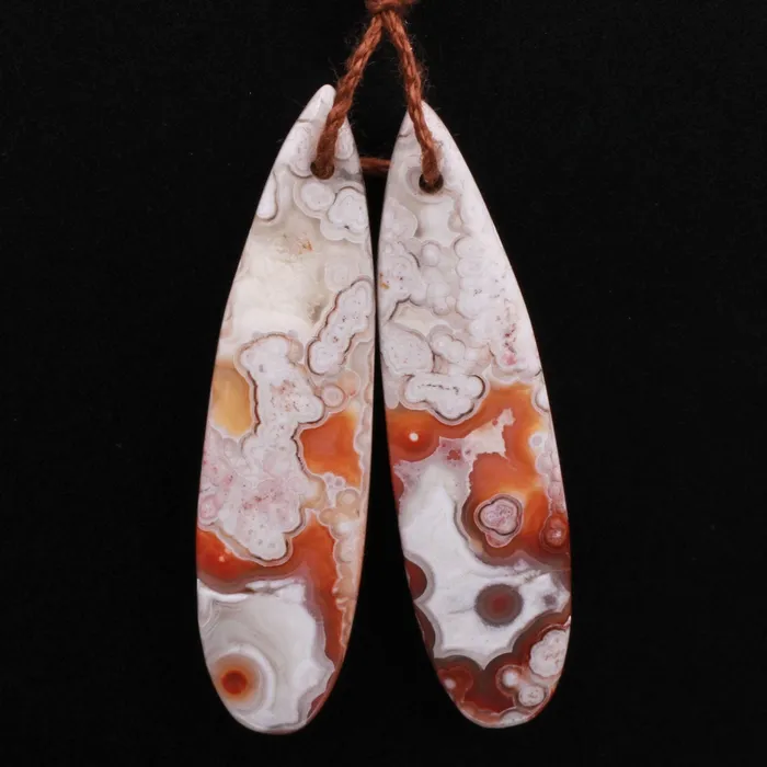 Intrinsic Trading Earrings Drilled Laguna Lace Agate Long Slender Teardrop Earring Matched Gemstone Cabochon Bead Pair