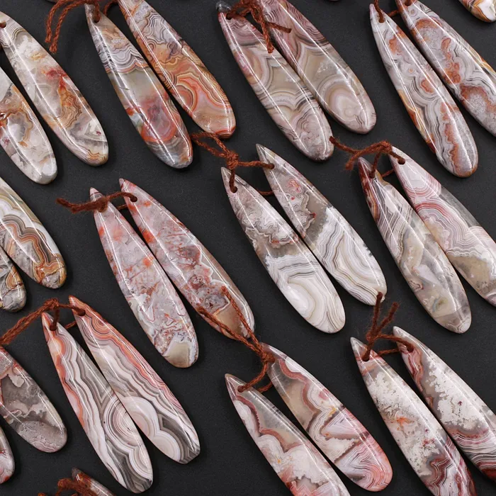 Intrinsic Trading Earrings Drilled Laguna Lace Agate Long Slender Teardrop Earring Matched Gemstone Cabochon Bead Pair