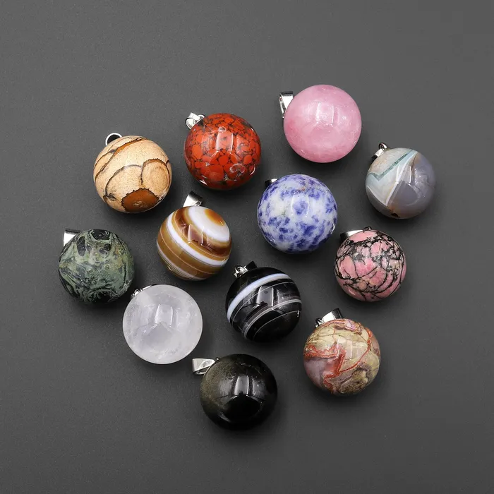 Intrinsic Trading Necklaces Natural Gemstone 20mm Round Ball Sphere Pendant Choose from Rose Quartz Rock Quartz Rhodonite Golden Obsidian Sodalite Tuxedo Agate Rhyolite