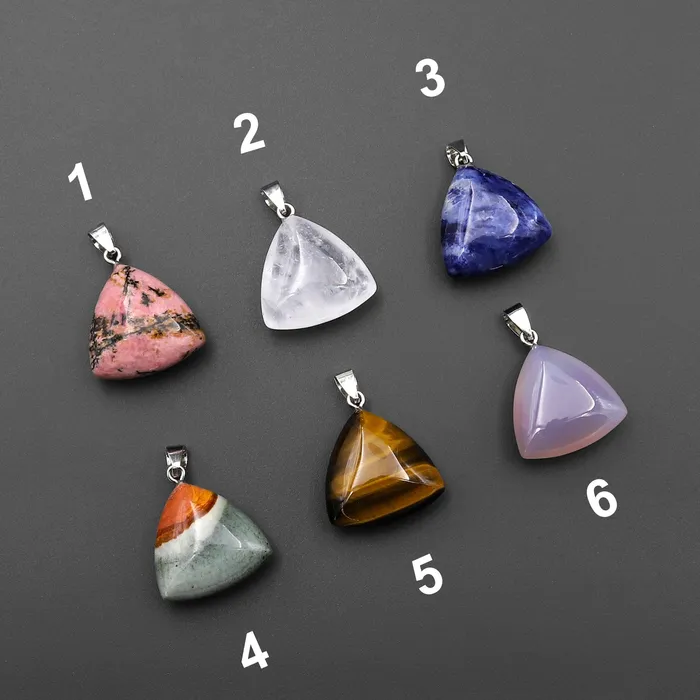 Intrinsic Trading Necklaces Natural Gemstone Puffy Triangle Pendant Choose from Rock Quartz Rhodonite Tigers Eye Sodalite Purple Chalcedony Landscape Ocean Jasper