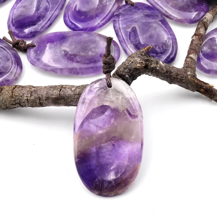 Natural Purple Amethyst Pendant Indented Oval Focal Worry Stone Bead Intrinsic Trading Necklaces Natural Purple Amethyst Pendant Indented Oval Focal Worry Stone Bead Intrinsic Trading Necklaces