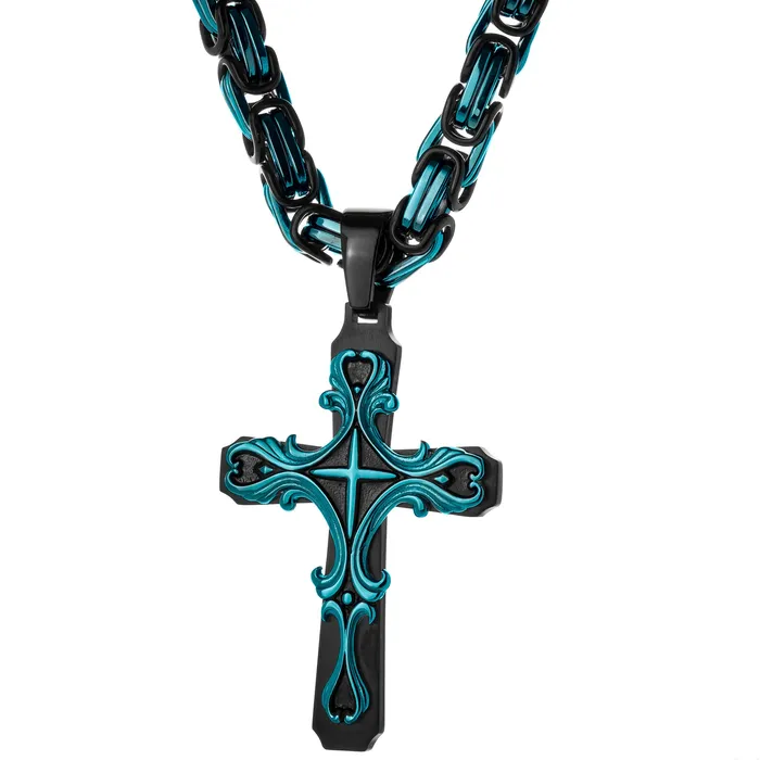 Necklaces SpicyIce Black Aqua Tribal Cross Necklace Necklaces SpicyIce Black Aqua Tribal Cross Necklace