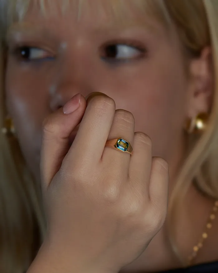 Rings ARTEMER Chunky Asymmetric Statement Ring with OOAK Emerald Cut Parti Sapphire