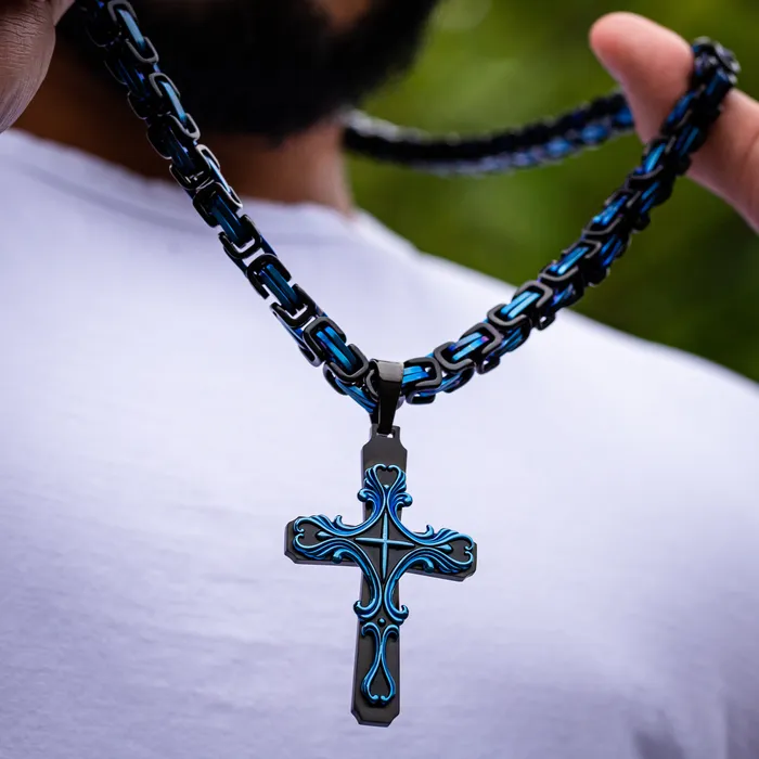 SpicyIce Necklaces Black BLUE Tribal Cross Necklace SpicyIce Necklaces Black BLUE Tribal Cross Necklace